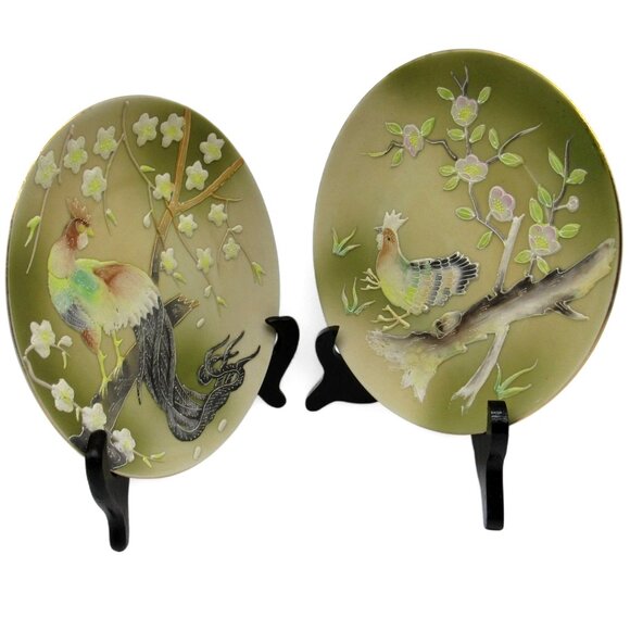 SHAFFORD Bird Plates 3D Set Of 2 Green Wall Art Japan Vintage 8" - Picture 7 of 12